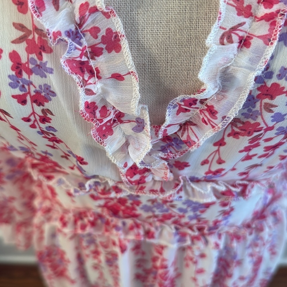 Midi Dress Long Sleeve Pink White Floral Frill Trim Flounce Sleeve Ruffle Hem M - Picture 4 of 7